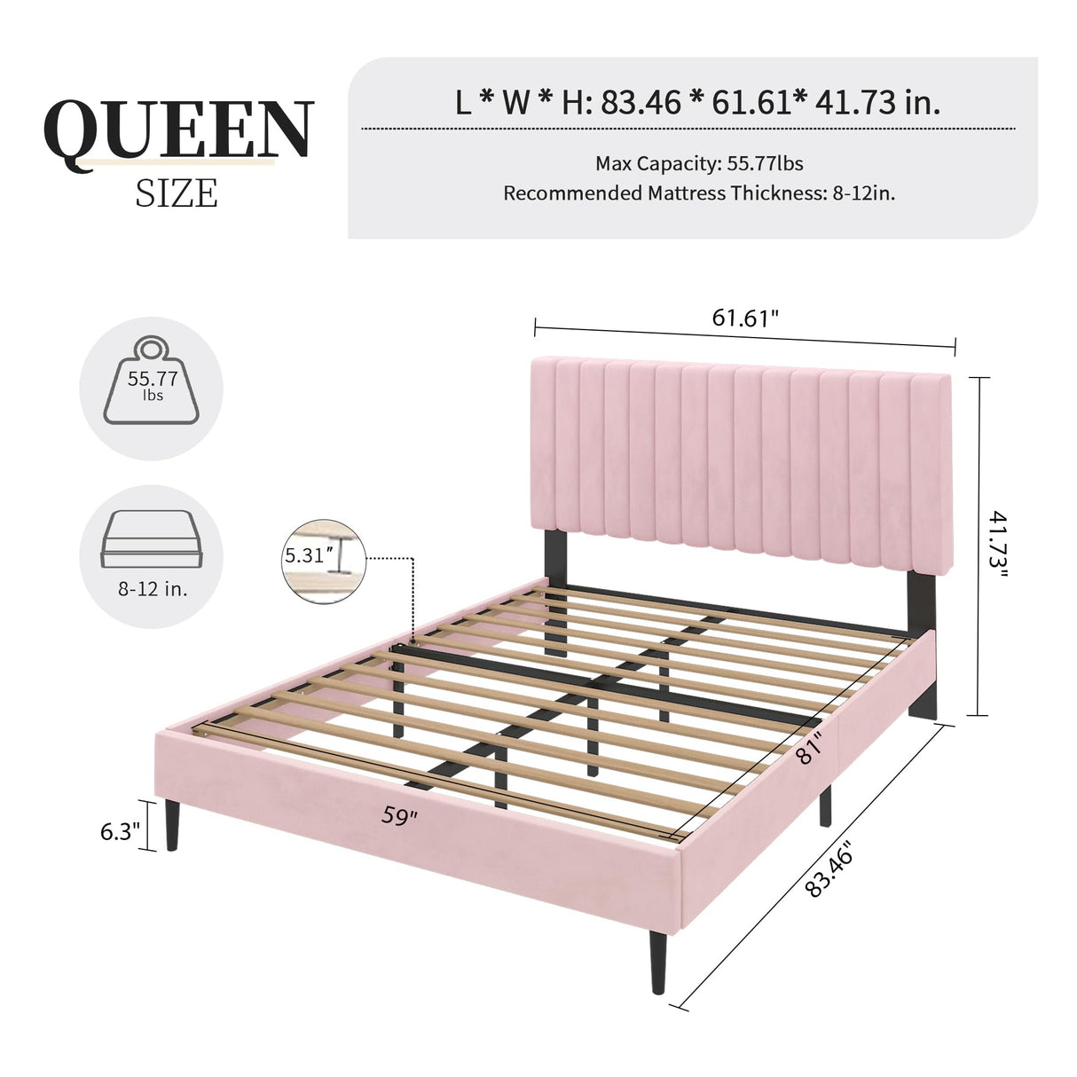 OLALITA Queen Size Bed Frame with Velvet Upholstered Headboard, Sturdy Platform Bed Frame Queen Size, No Box Spring Needed, Easy Assembly (Pink, Queen) OLALITA