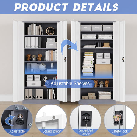 Yizosh Metal Garage Storage Cabinet with Lock, 71" Locking Tool Cabinet with 2 Doors and 5 Shelves, Tall Steel Cabinet for Garage, Heavy Duty File Cabinet for Office, School (Gray White) Yizosh