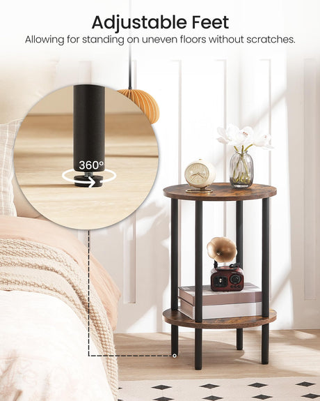CHOEZON Round Side Table, 2-Tier End Table, Small Round Nightstand with Sturdy Metal Tube, Industrial Circular Coffee Table, for Living Room, Bedroom, Rustic Brown and Black TBZ01BF CHOEZON