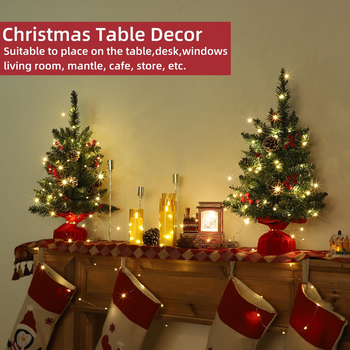 TURNMEON 2 Pack 24 Inch Lighted Small Christmas Trees, Artificial Tabletop Mini Xmas Tree with Timer 30 LED Lights 8 Pine Cones 8 Red Berried and Lifelike Branches for Christmas Holiday Indoor Decor TURNMEON