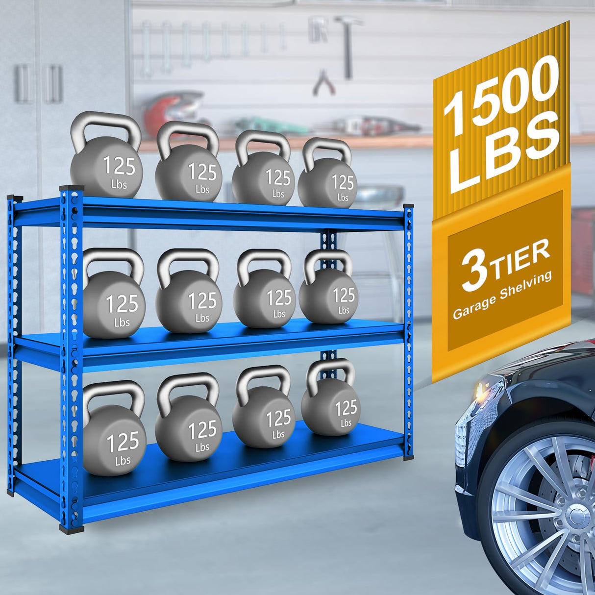 SDXYSTCE 48" W Garage Shelving Heavy Duty, 1500LBS Loads Adjustable Garage Storage Shelves, 3-Tier Metal Shelving Units and Storage Racks, Industrial Utility Shelf,48" Wx18 Dx39 H, Blue SDXYSTCE