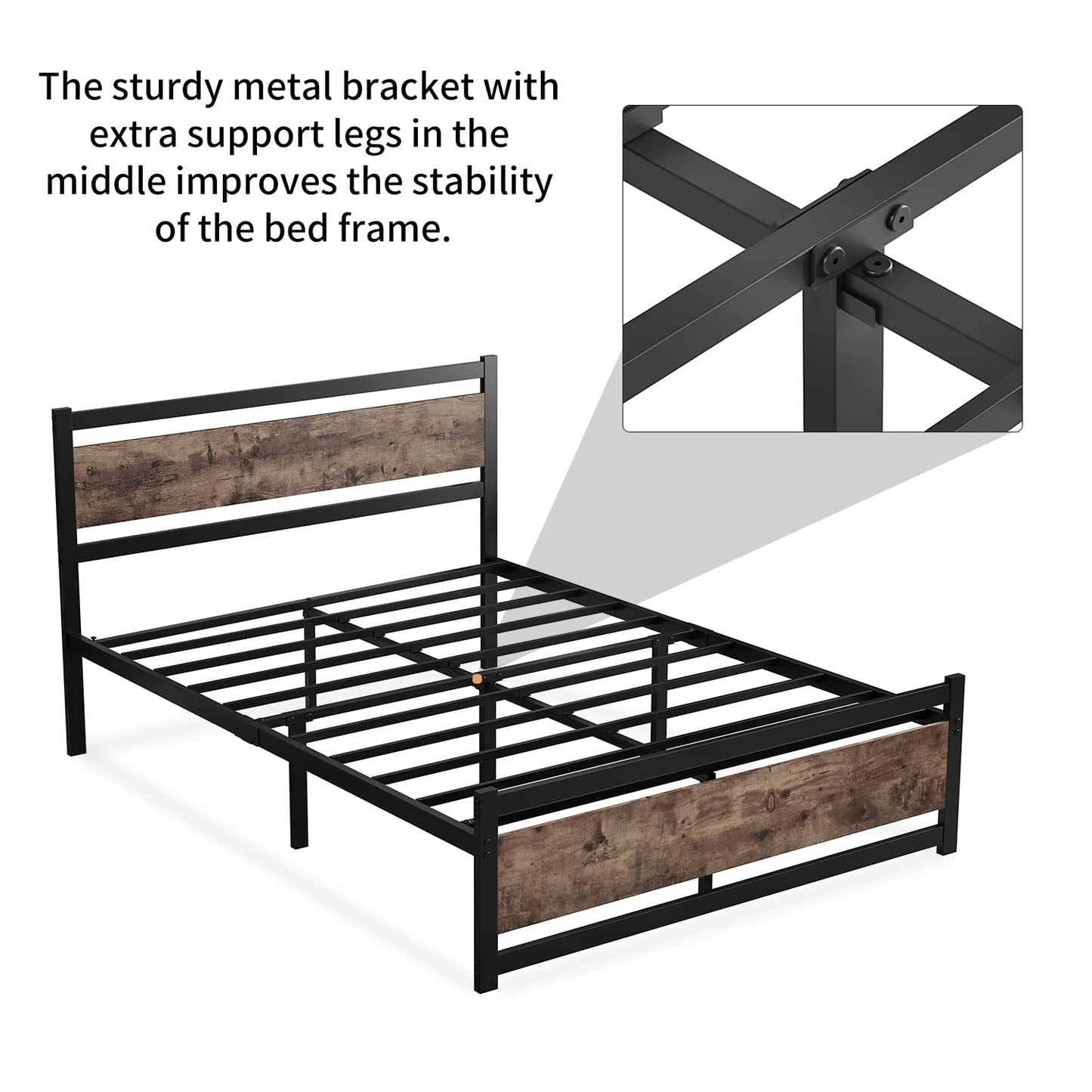 LOTCAIN Heavy Duty Metal Bed Frame with Wooden Headboard – Sturdy, Noise-Free Design for Twin XL/Queen/King Sizes - WoodArtSupply