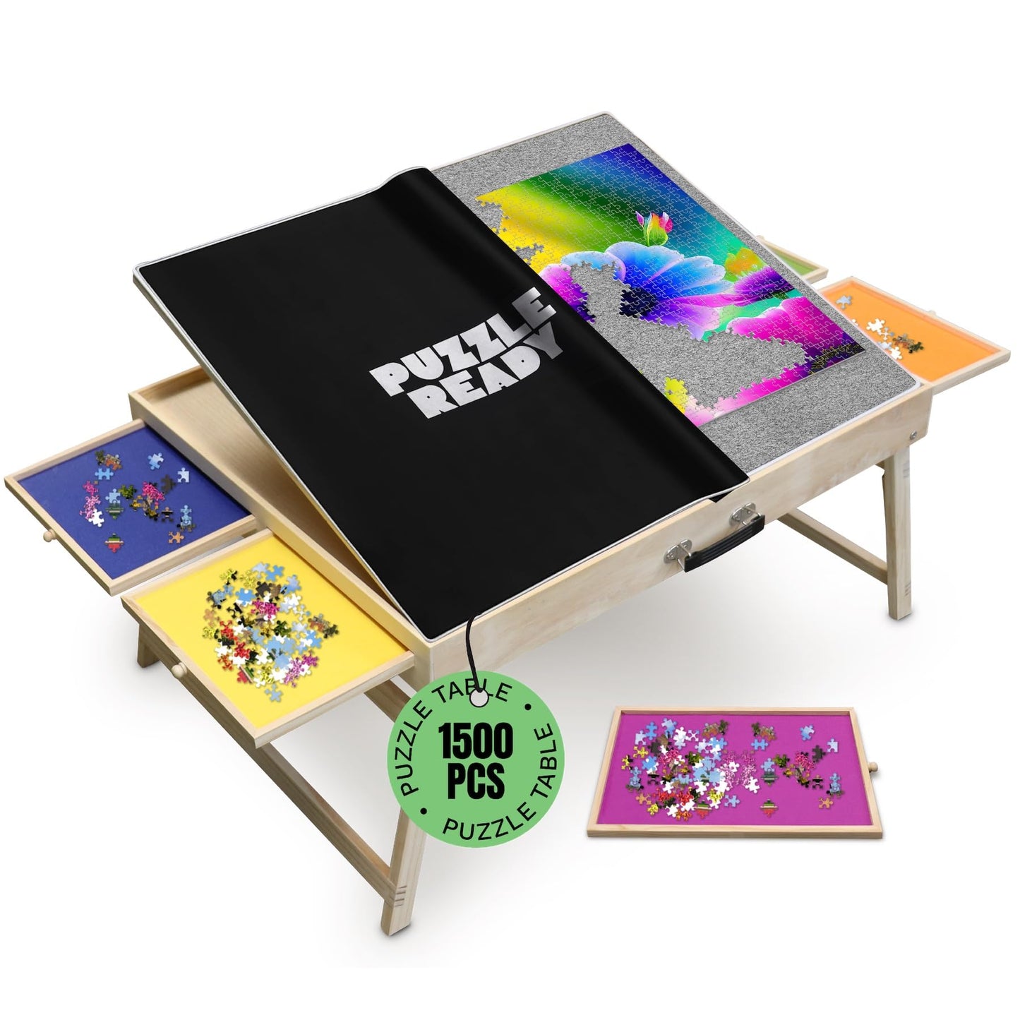 1500 Piece Wooden Jigsaw Puzzle Table - 27”x36” Foldable Puzzle Table with Shorter Legs, 4 Colouful Drawers, 3 Titling Angles & Puzzle Cover Mat - Portable Puzzle Table