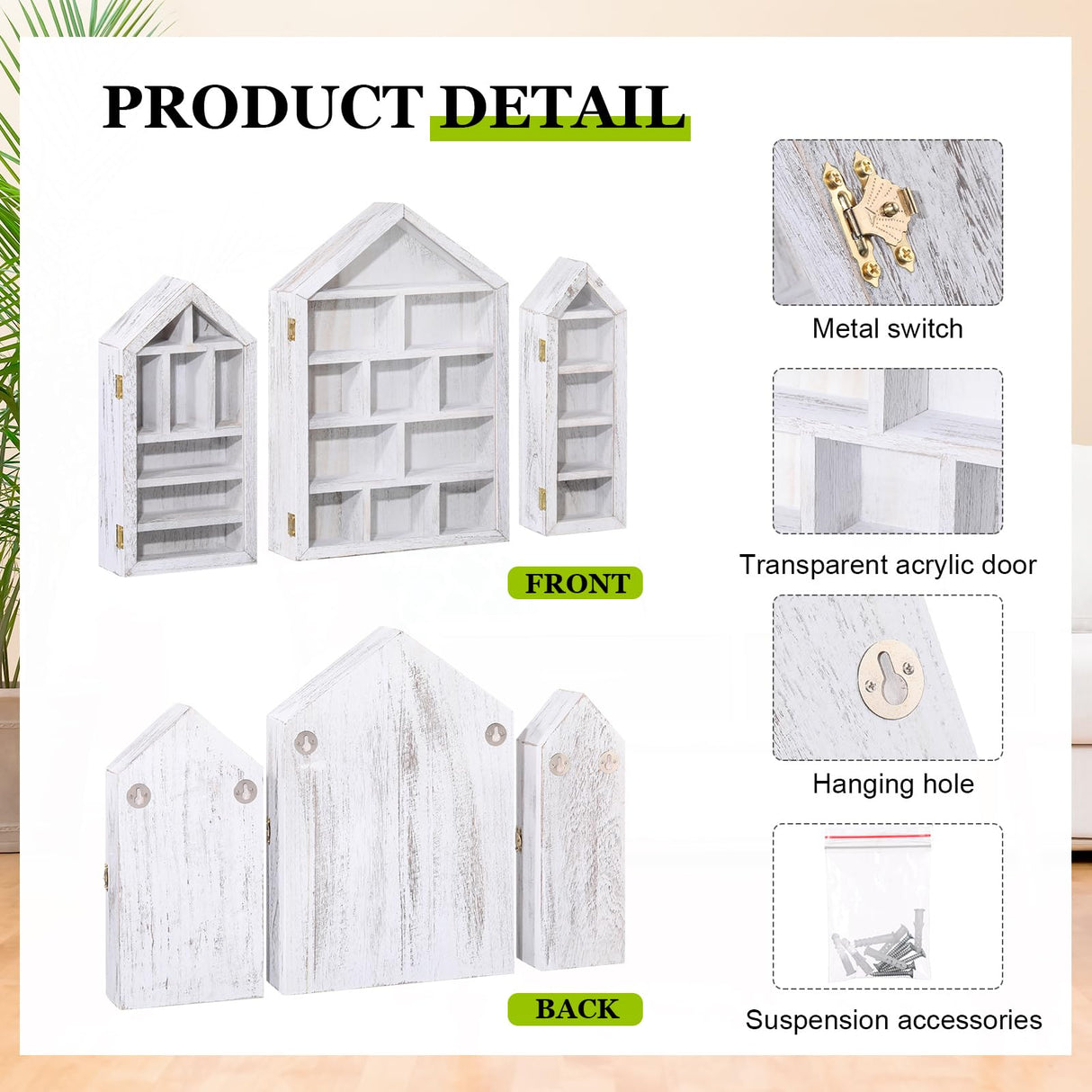 DoubleFill Set of 3 Shadow Cubby Boxes Wooden Display Shelf 10 x 15 Inch Large Wall Mounted Display Storage Shelves for Mini Figures Curio Trinket Medals Crafts Collections(Antique White,House Shape) DoubleFill