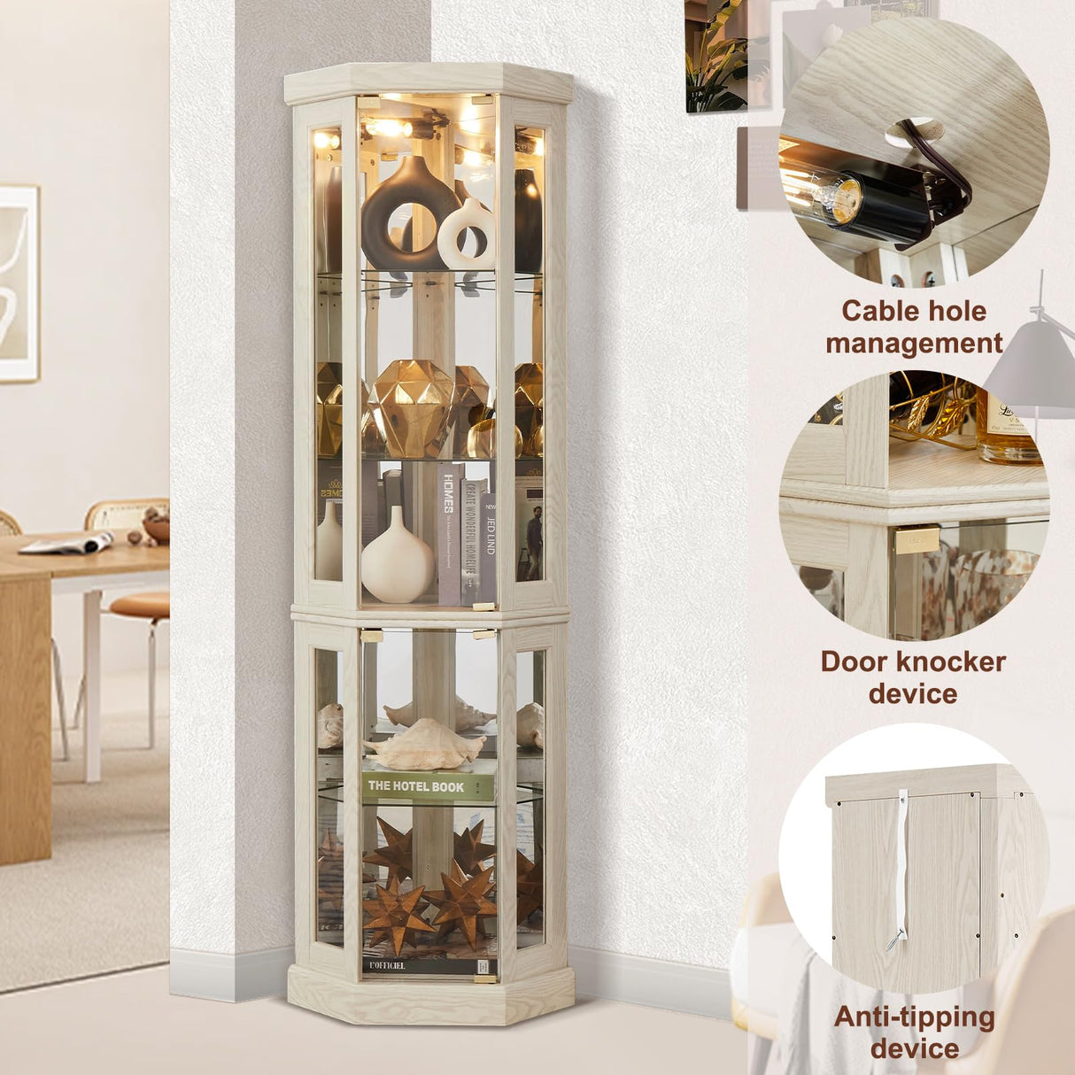 XUWANSHANG Corner Curio Cabinets,Lighted 3-Side Glass Display Curio Cabinet, Curved Wood Corner Cabinet,Curio Cabinets with Glass Doors,Adjustable Shelves,Curio Cabinet for Living Room,Antique White XUWANSHANG