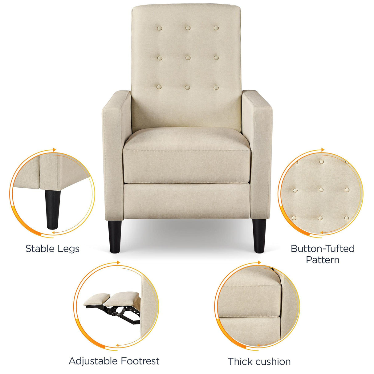 Yaheetech Fabric Recliner Chair Mid-Century Modern Recliner Adjustable Single Recliner Sofa with Thicker Seat Cushion Tufted Upholstered Sofa with Pocket Spring for Living Room Bedroom Beige Yaheetech