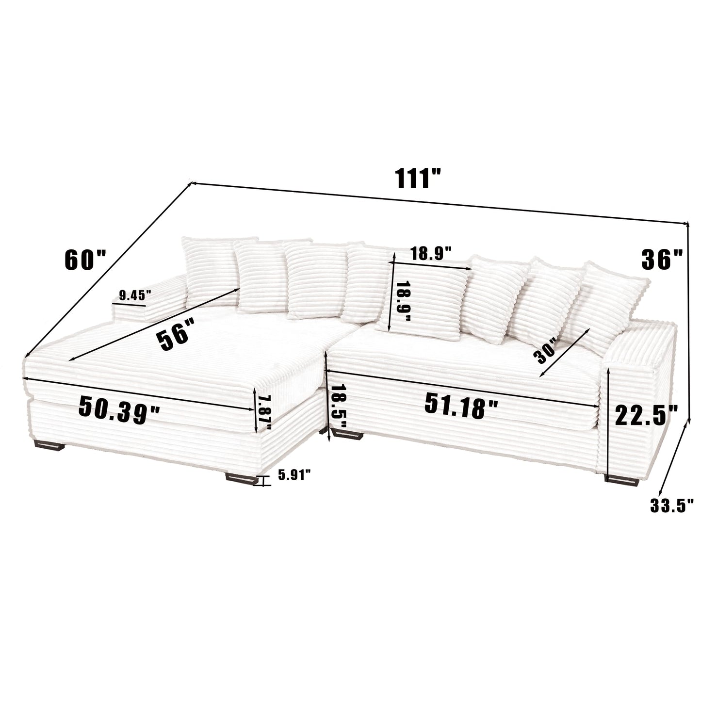 Eafurn Left Facing Oversized Modular Sectional Sofa Two-Piece Cloud Couch with Extra Wide Chaise Lounge, Corduroy Upholstered L Shaped Loveseat Sofa&Couches for Living Room Apartment, Black 111"