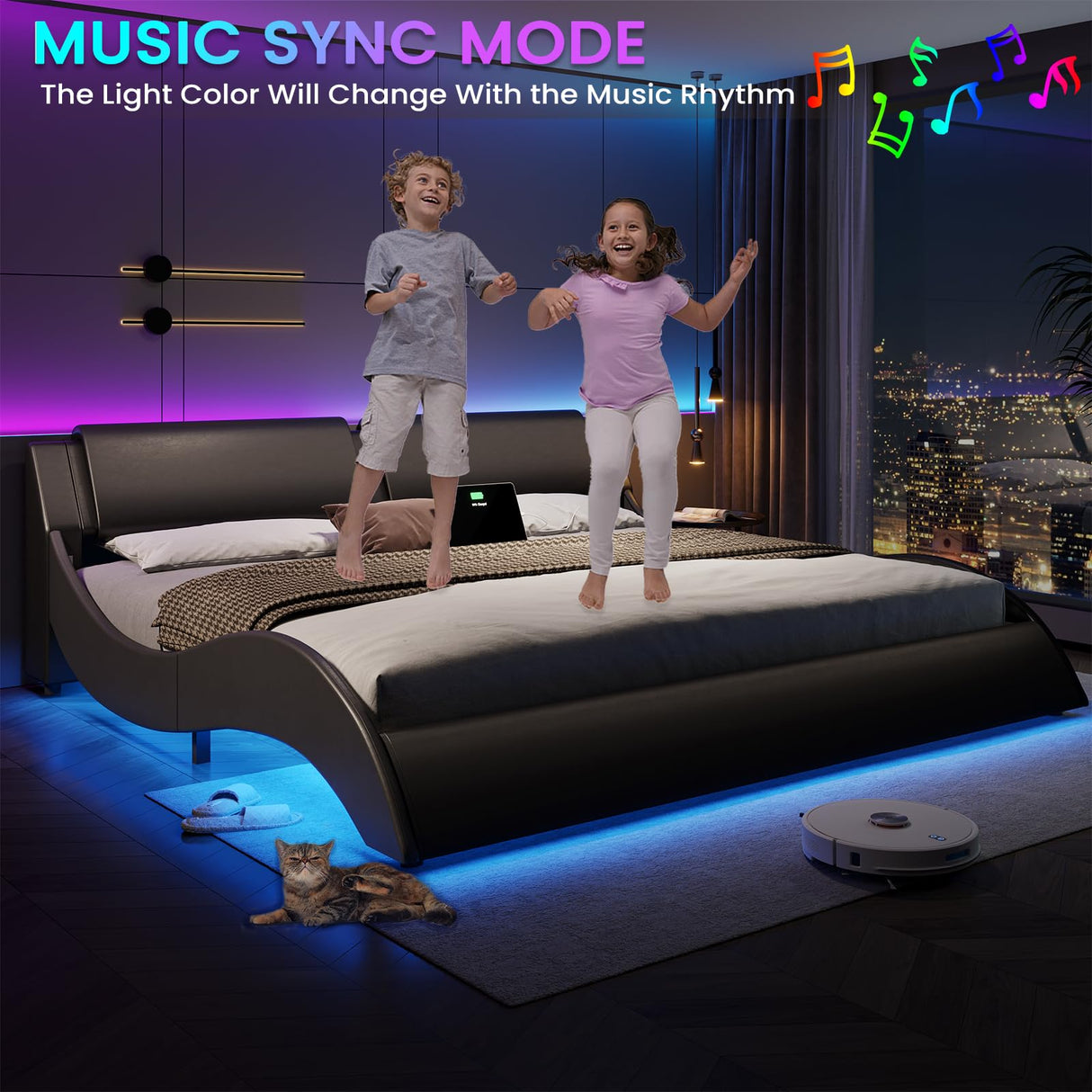 DICTAC King Size LED Bed Frame with Charging Ports and Wave-Like Design in Black DICTAC