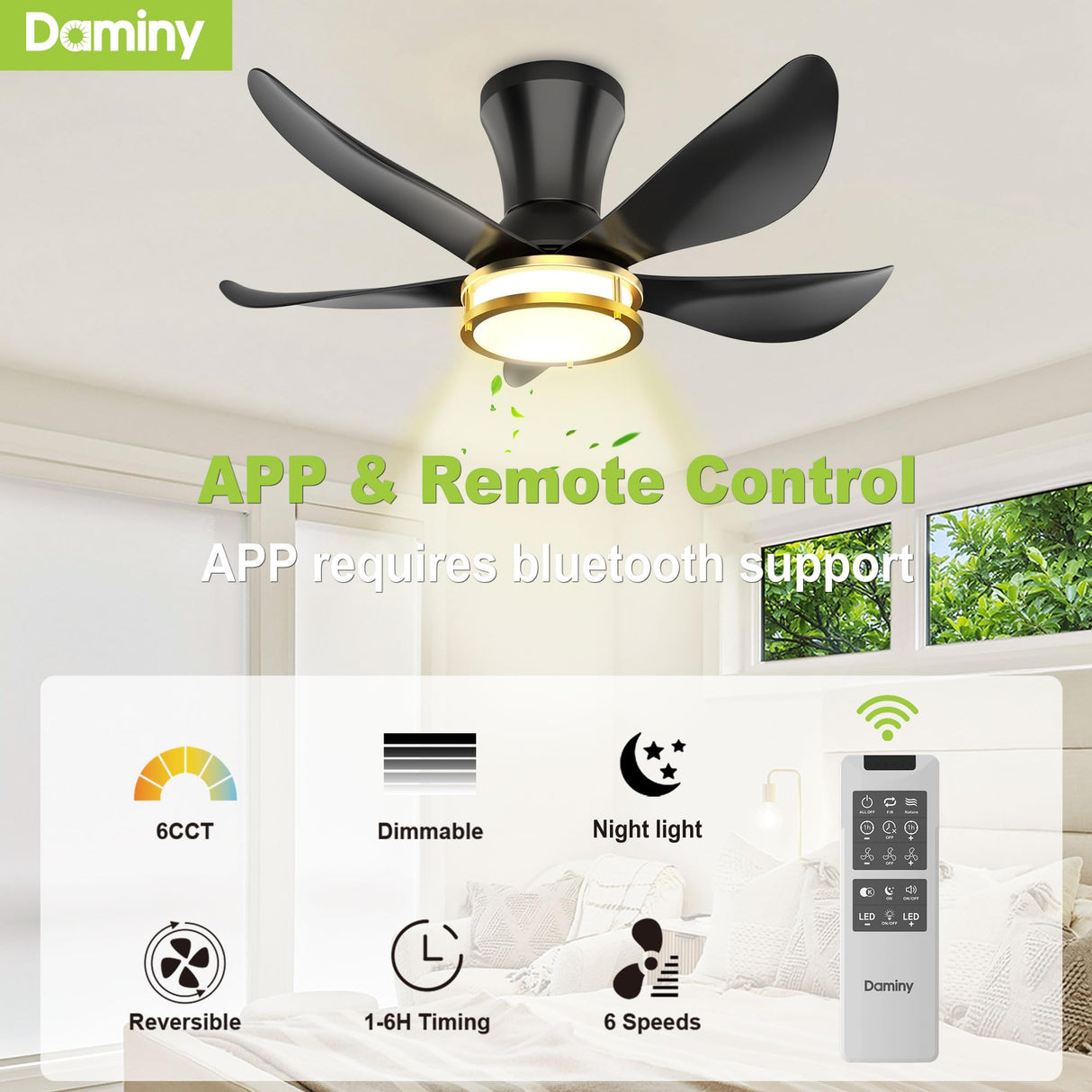 DAMINY 30 Inch Black and Gold 5 Blade Ceiling Fan with Light, Modern Ceiling Fan with Remote,Large Airflow,Flush Mount,6CCT,Dimmable,Noiseless,Bedroom Ceiling Fan DAMINY