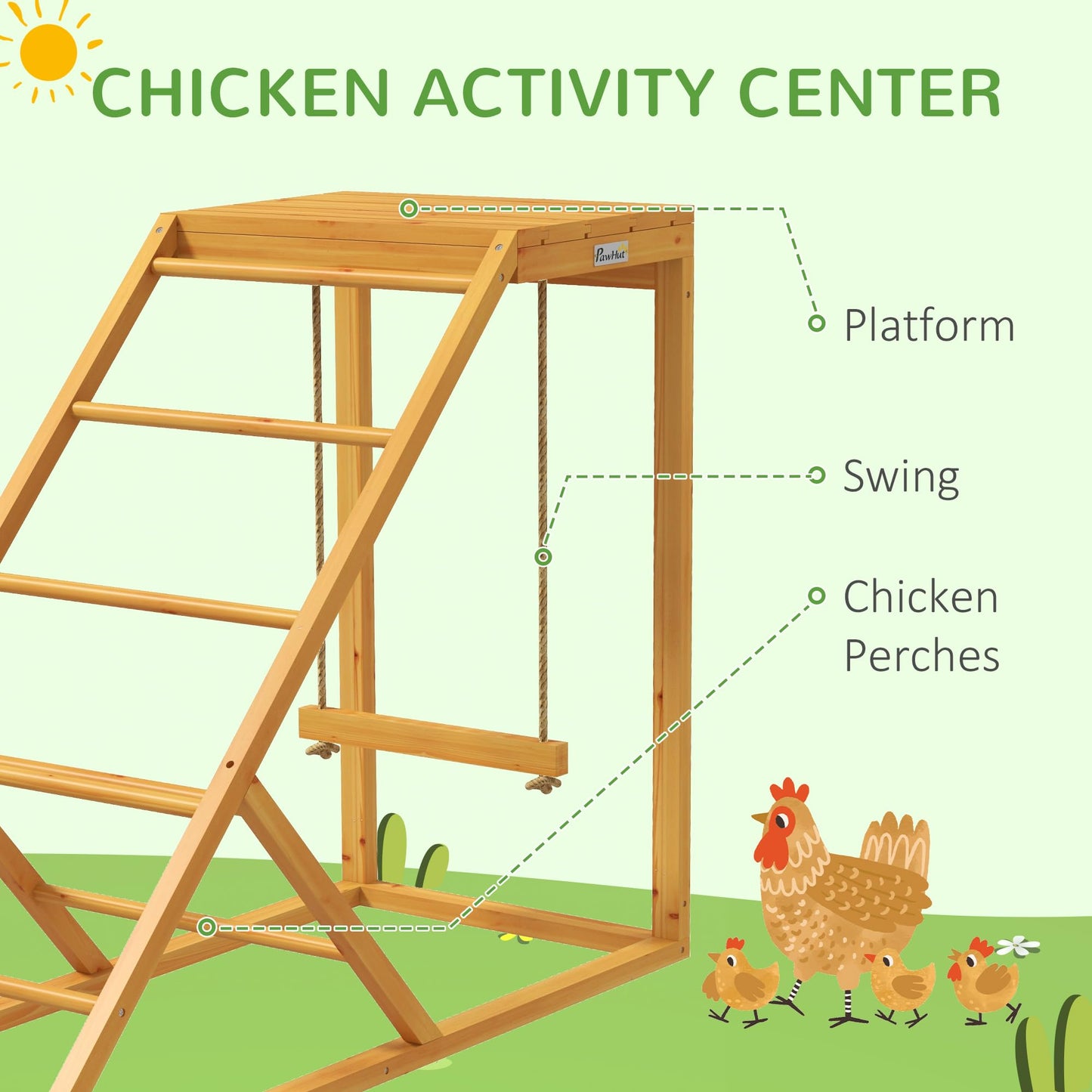 PawHut Chicken Activity Play for Healthy & Happy Animals, Swing Set with Chicken Perches & Hen Ladder, Chicken Coop Toy, Yellow - WoodArtSupply