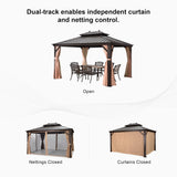 PURPLE LEAF Hardtop Gazebo 10' X 14' Metal Roof with Netting and Curtains Hard Top Backyard Patio Gazebos Permanent Canopy Deck Garden Hot Tub Outdoor Pavilion PURPLE LEAF