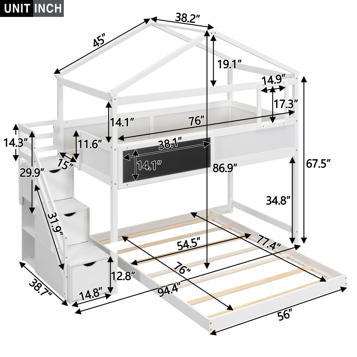 Harper & Bright Designs House Bunk Bed with Stairs,Twin Over Full Bunk Beds with Blackboard,Wood Kids Floor Bunk Bed Frame with Storage Shelves,Space-Saving Design, White