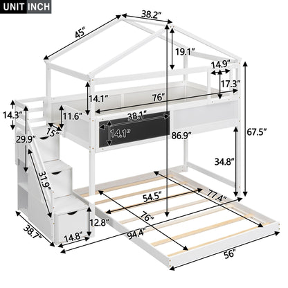 Harper & Bright Designs House Bunk Bed with Stairs,Twin Over Full Bunk Beds with Blackboard,Wood Kids Floor Bunk Bed Frame with Storage Shelves,Space-Saving Design, White