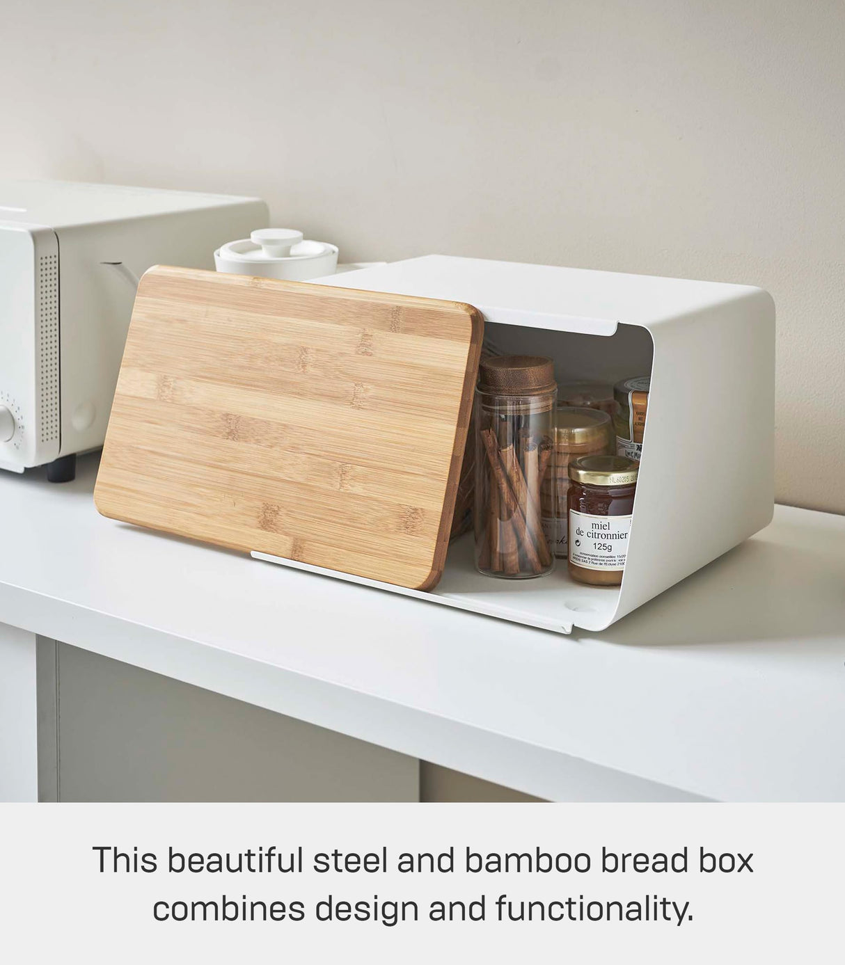 Yamazaki Home Metal Bread Box With Removable Bamboo Wooden Cutting Board Lid, Kitchen Storage Box YAMAZAKI