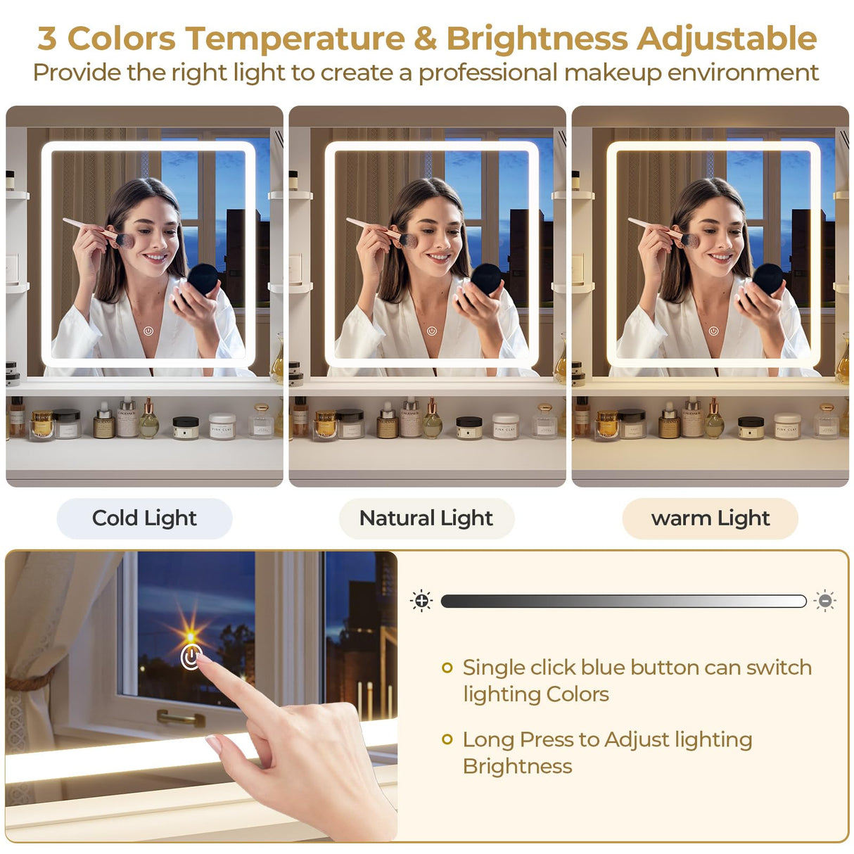 DICTAC Vanity Desk with Mirror and Lights, with Power Outlets, Makeup Vanity Table with 3 Dimmable LED Lights, 4 Drawers and Cabinets Storage, Modern Vanity Desk for Bedroom, White DICTAC