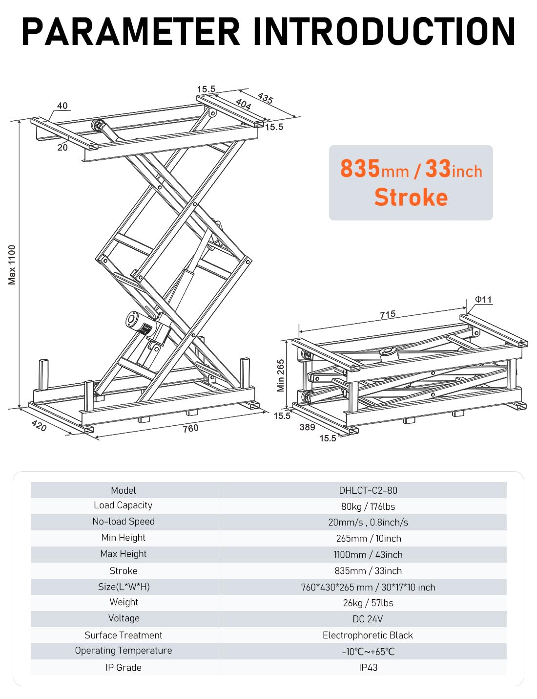 DIHOOL Electric Scissor Lift Table 180Lbs Capacity, 265-1100MM Height Adjustable Lifting Platform DIHOOL