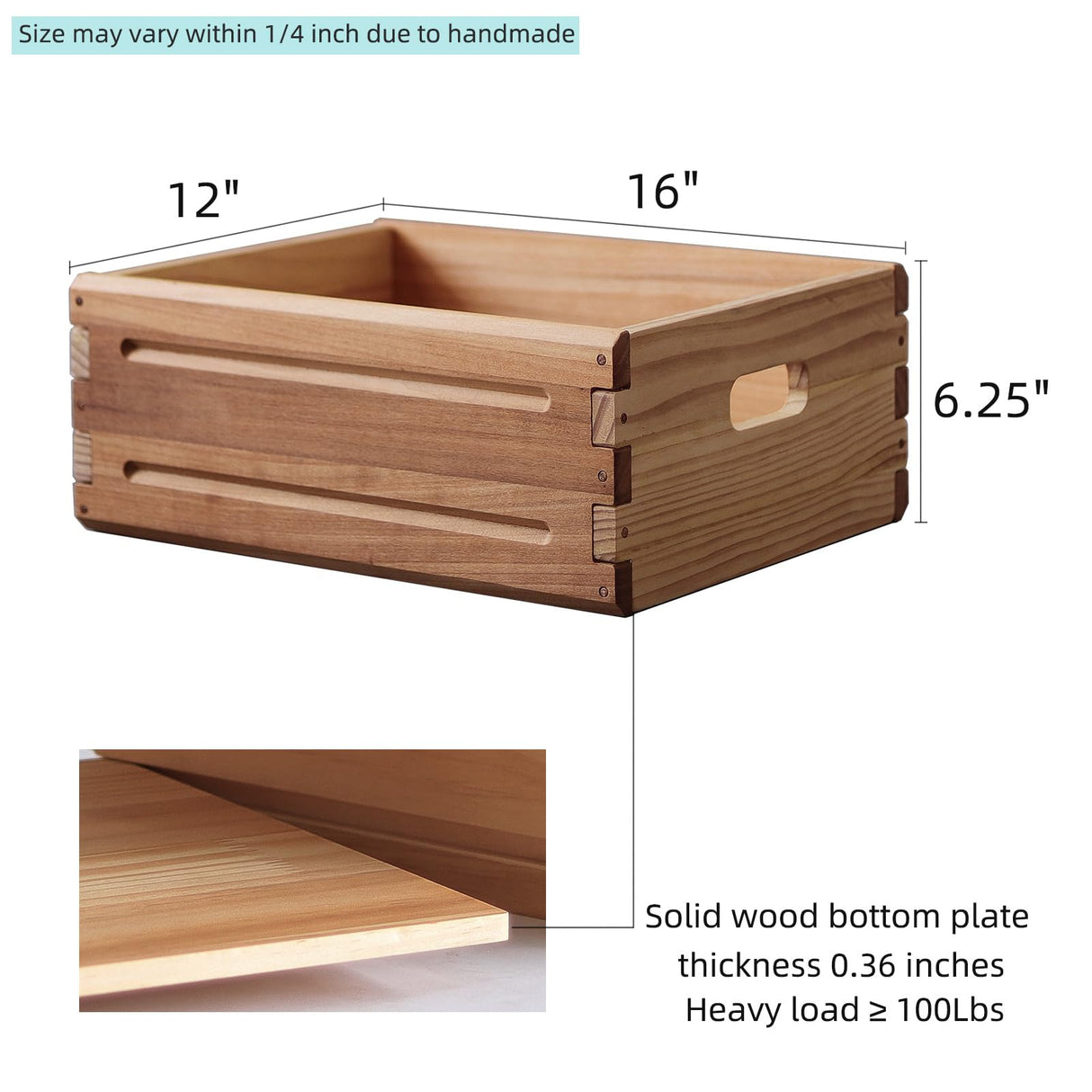 KLZLQ-XINCHEN 1 Pack Wooden Storage Bin of 16"x12"x6.25".Durable Open Solid Wood Box w/Handles.Farmhouse Container Shelf Baskets. Multipurpose Home Décor Organizer Crates for Display,Pantry,Book,CD KLZLQ-XINCHEN
