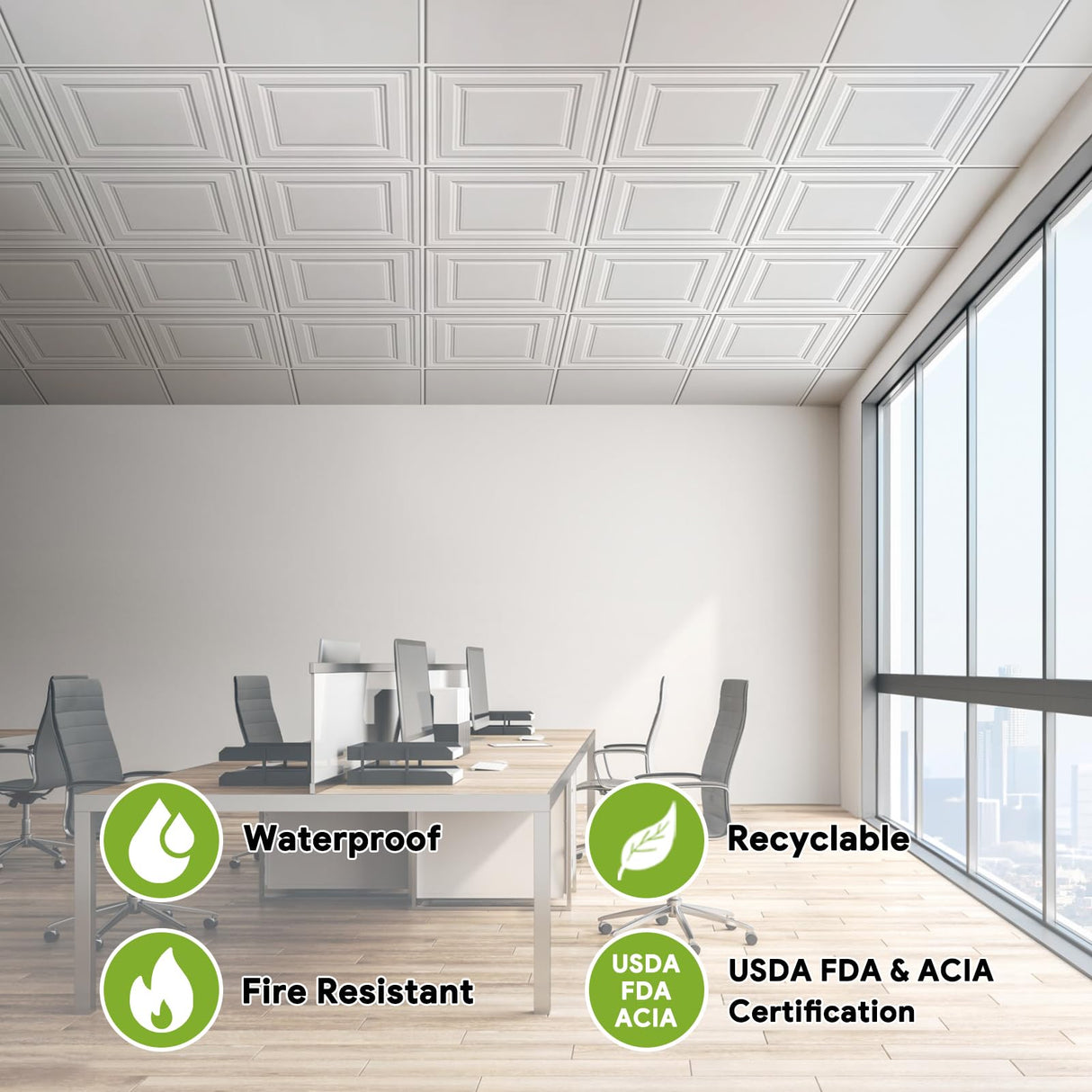 Noooza 2ft x 4ft Drop Ceiling Tiles，Smooth White PVC Ceiling Panel 24 x 48in. Waterproof, Washable and Fire-Rated - Reusable - High-Grade PVC to Prevent Breakage-Package of 10 Tiles Noooza