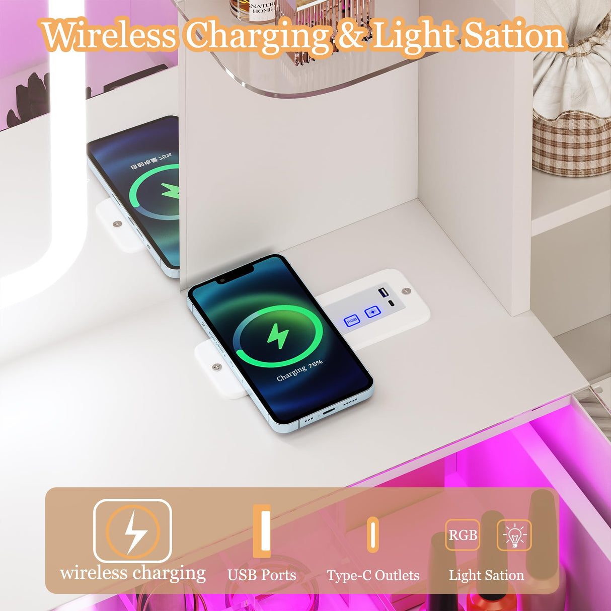 HUAHUU Vanity Desk with Mirror and LED Lights, 57.5" Makeup Vanity with Glass Top & Wireless Charging, Vanity with RGB Drawers, 3 Colors Light, Power Outlet Safety Switch for Bedroom, White HUAHUU