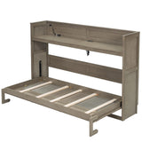 SOFTSEA Twin XL Horizontal Murphy Bed with Desk, LED Lights & Charging Stations, Wood Hideaway Bed Foldable Wall Bed for Small Space, Guest Room, Bedroom, Office, Gray Wash SOFTSEA