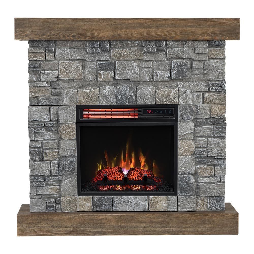 Modern Ember Raeford 40 Inch Wood Fireplace Mantel with Stone Brick Surround and 18" Electric Fireplace Insert | 40" L x 40" H x 11.5" D