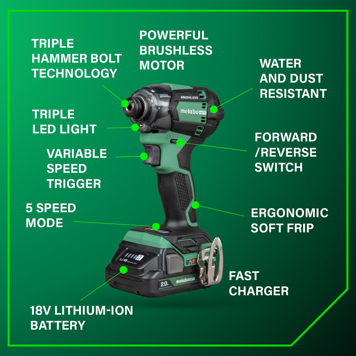 Metabo HPT 18V MultiVolt Cordless Triple Hammer BOLT Impact Driver Set, Power Impact Driver Kit with Case, 2 Lithium-Ion Batteries and Charger, 1/4-Inch Chuck, Compact LightWeight Power Tool, WH18DC Metabo HPT