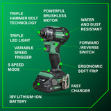 Metabo HPT 18V MultiVolt Cordless Triple Hammer BOLT Impact Driver Set, Power Impact Driver Kit with Case, 2 Lithium-Ion Batteries and Charger, 1/4-Inch Chuck, Compact LightWeight Power Tool, WH18DC Metabo HPT