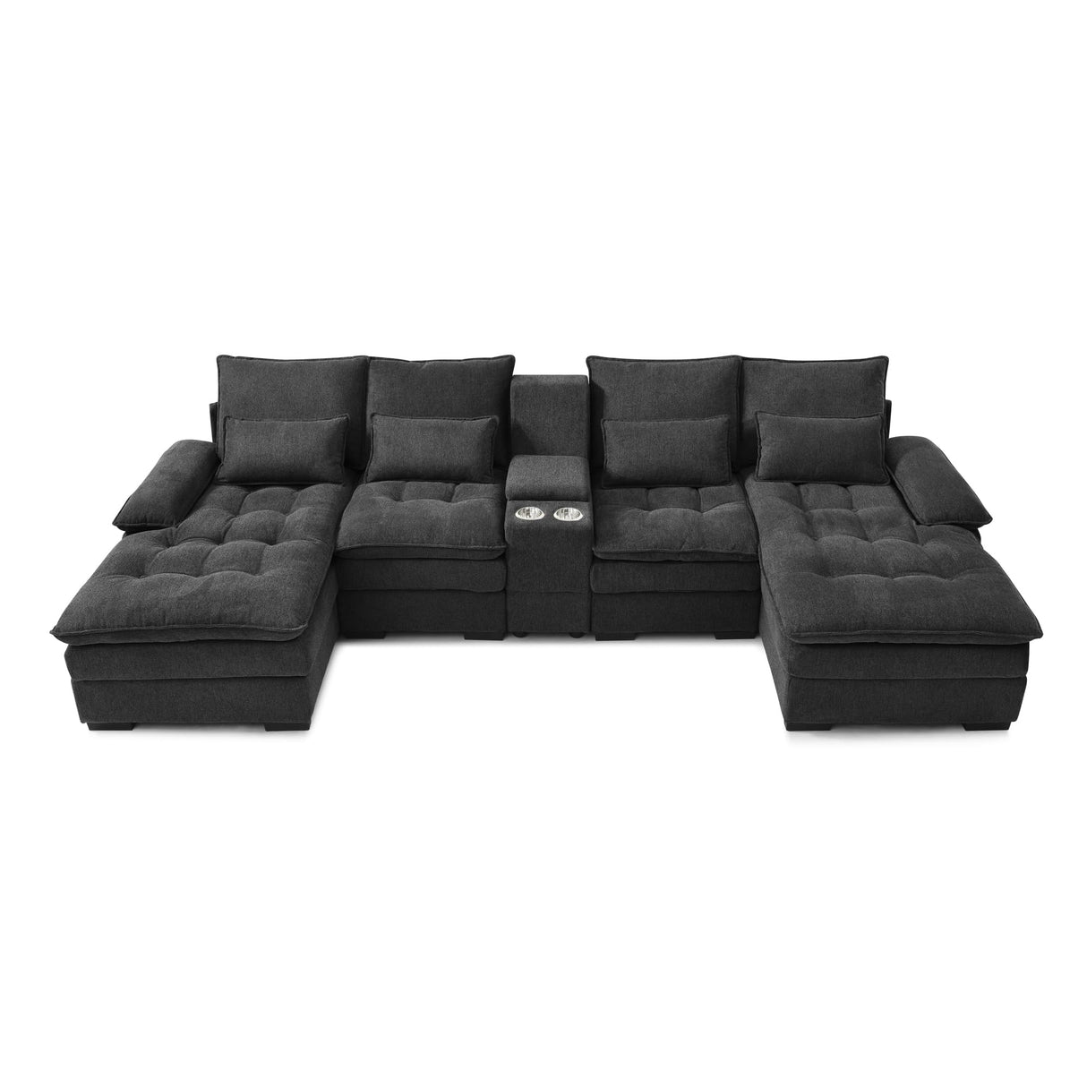 KEIKI 130" U-Shaped 6 seat Sofa with Storage Console, Cup Holders, Upholstered Sectional Sofa, Button Tufted Cloud Cushion Couch for Home, Office, Apartment, Gray KEIKI