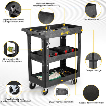 ELAFROS 3 Shelf Heavy Duty Utility Cart, 34" x 17" x 38.5", Rolling Work Cart with 4 Swivel Wheels, Deep Shelves, Safely Holds up to 550 lbs 3-Tier Service Cart Tool Cart, Black