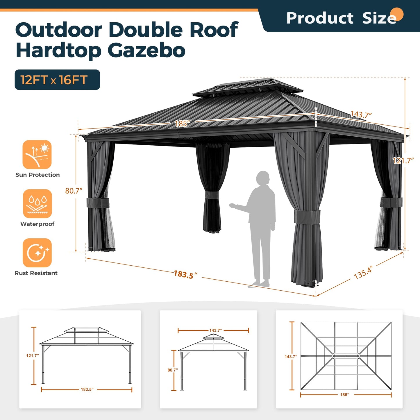 HAPPATIO 12' x 16' Hardtop Gazebo, Outdoor Aluminum Gazebo with Galvanized Steel, Double Roof Permanent Patio Metal Gazebo Canopy with Netting and Curtains for Garden, Patio, Lawns, Parties ( - WoodArtSupply