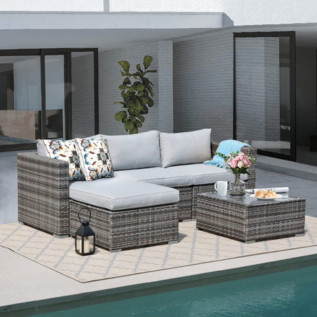 Super Patio Outdoor Patio Furniture Set, 5 Piece PE Wicker Rattan Outdoor Sectional, All-Weather Patio Conversation Set with Gray Cushions and Coffee Table, Steel Frame Super Patio