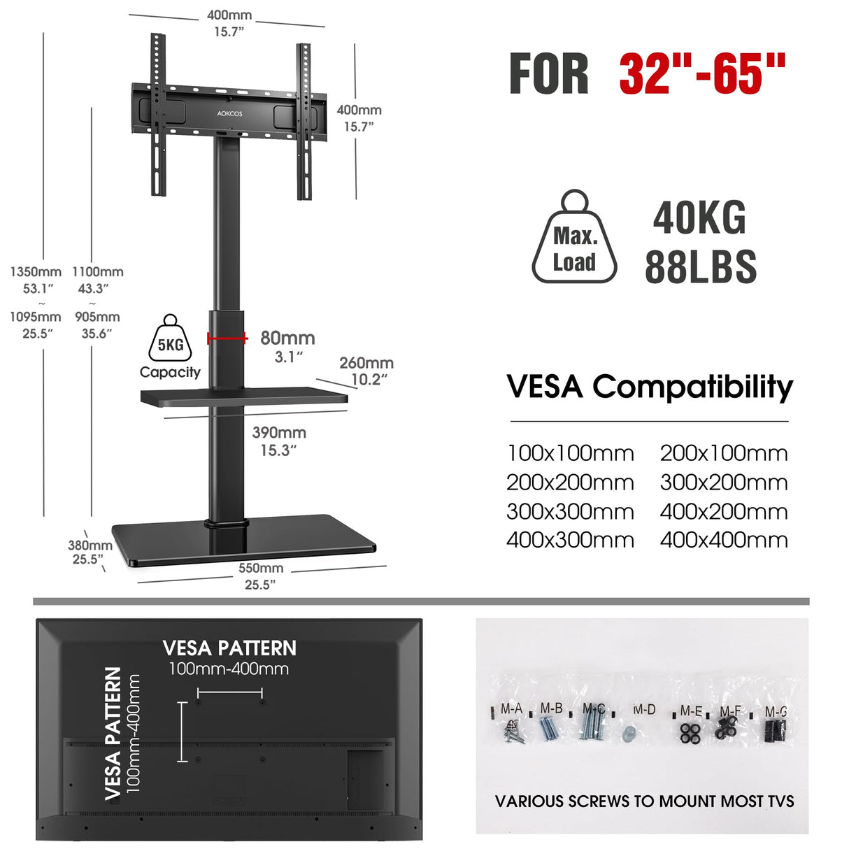 AOKCOS Floor TV Stand with 60-Degree Swivel, TV Floor Stand for 32-65 inch TVs up to 88lbs with Tilt, 8 Level Height Adjustable Tall TV Mount Stand with Shelf, Tempered Glass Base, MAX VESA 400x400mm AOKCOS