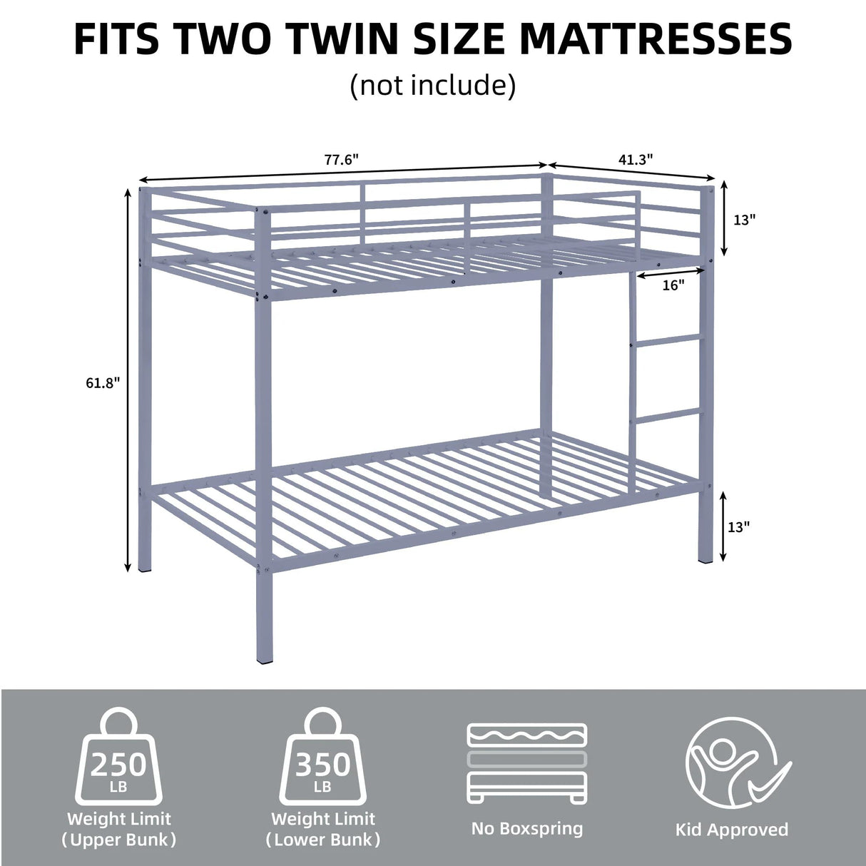 Metal Bunk Bed Twin Over Twin, Low Profile Bunk Bed Frame withBuilt-in Ladder, High Guardrail and Metal Slats, Space-Saving Twin Size Bed Frame for Kids Teens, No Box Spring Required Softa