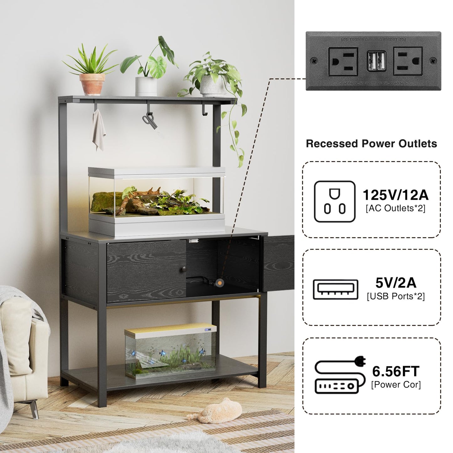 Fienveorn 40-50 Gallon Aquarium Stand with LED Light Power Outlets,Heavy Duty Metal Fish Tank Stand with Cabinet for Fish Accessories Storage,Turtle Reptile Terrariums Stand( Black ) - WoodArtSupply