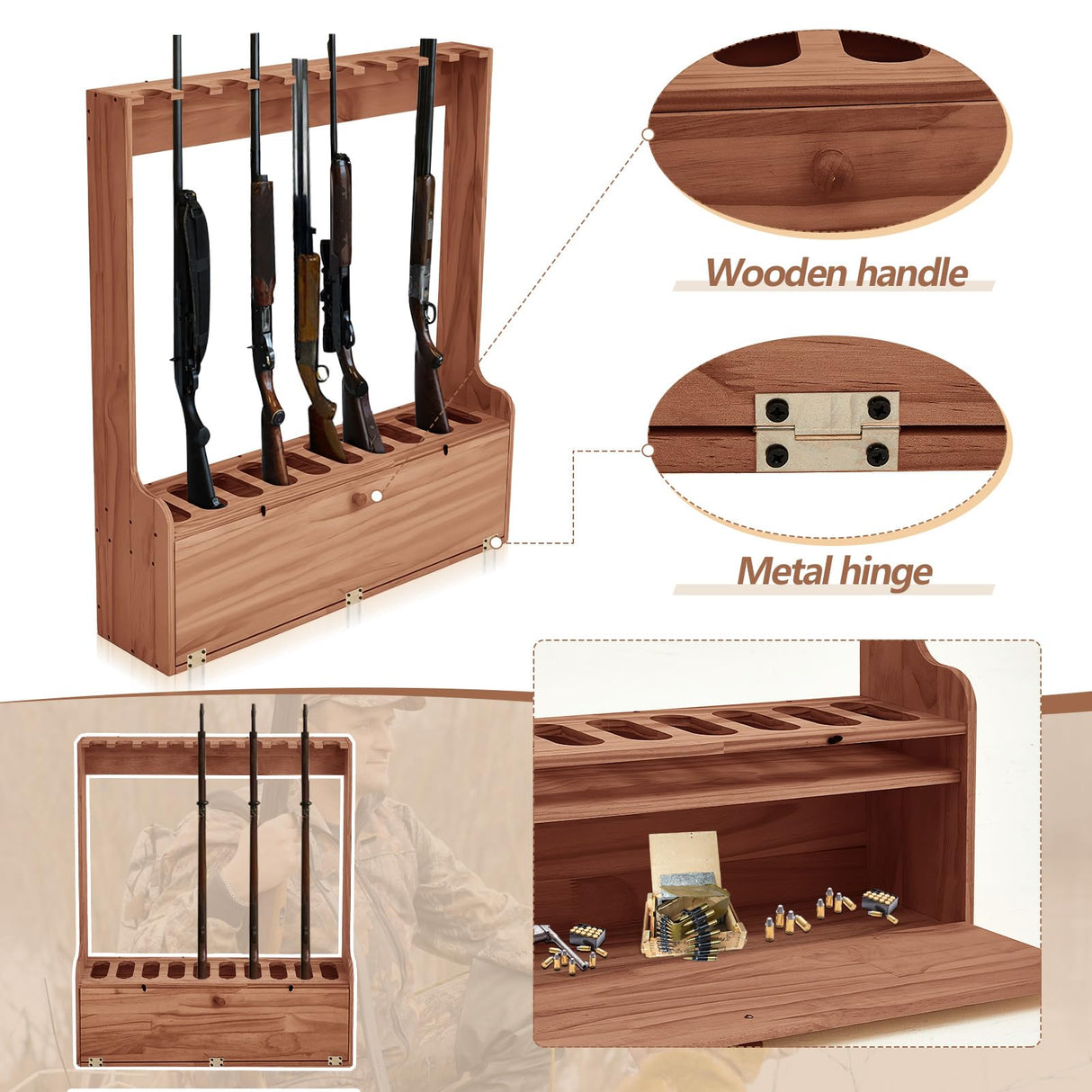 Soaoo Gun Rack, Ten Gun Wooden Standing Floor Gun Display Rack, Gun Display Rack with Storage Compartment for Home or Garage Safe Hunting Gun Storage(Walnut) Soaoo