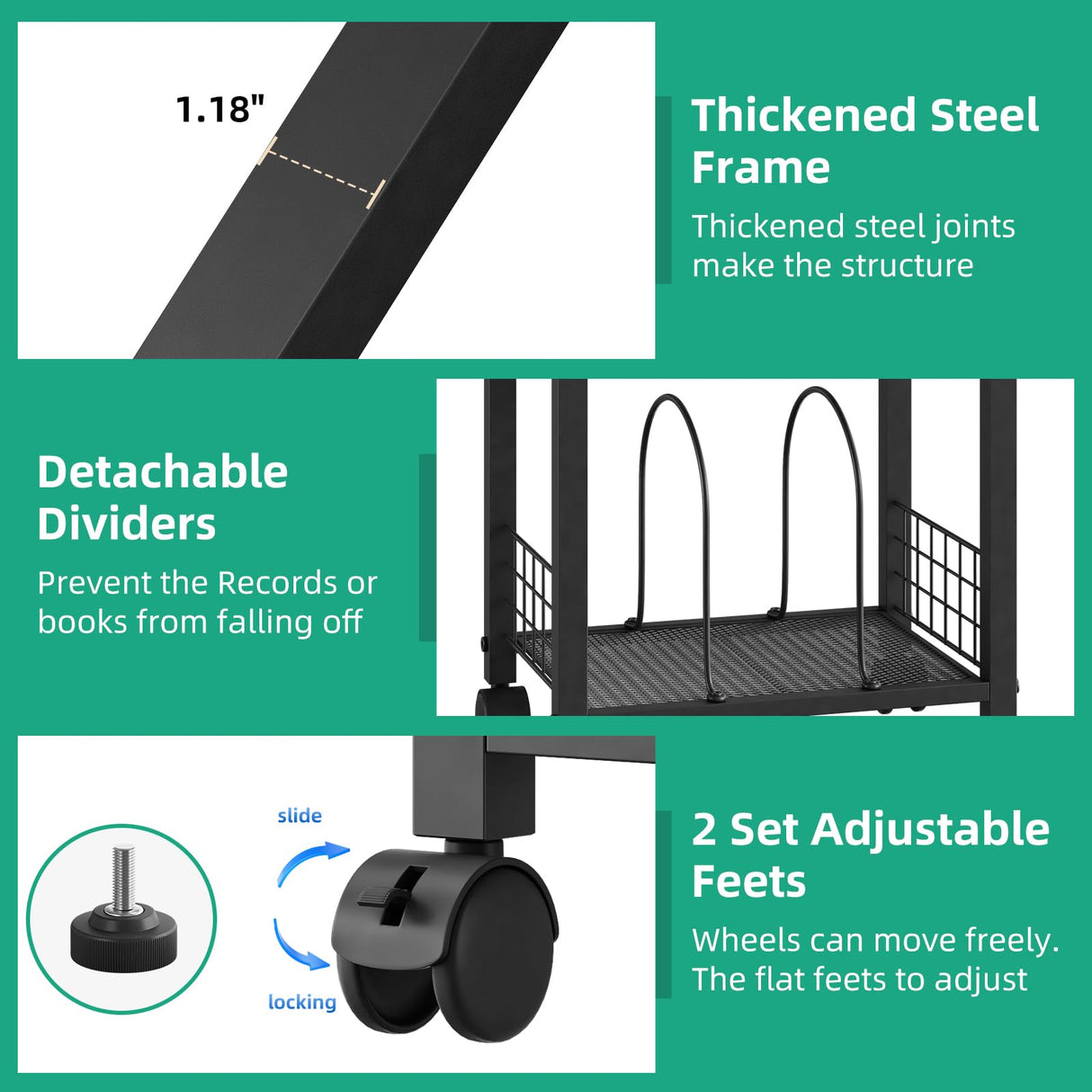 Kalrin Small Side Table, 3 Tier Moveable Small End Table, Record Player Stand with Records Shelf, Tall Nightstand for Bedroom, Living Room, Sofa, Office, Bathroom (Pure Black) Kalrin