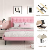 CXVX King Size Bed Frame with Headboard, Platform Bed Frame with Velvet Upholstered Button Tufted Headboard, Wood Slats Support, No Box Spring Needed, Mattress Foundation, Easy Assembly, Pink CXVX