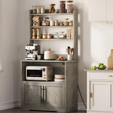 GarveeHome Microwave Stand Bakers Rack Cabinet, Farmhouse Bakers Rack with Power Outlet with Thickened Counter, Freestanding Small Kitchen Bakers Rack with Large Storage, Easy Assembly,Retro Gray GarveeHome