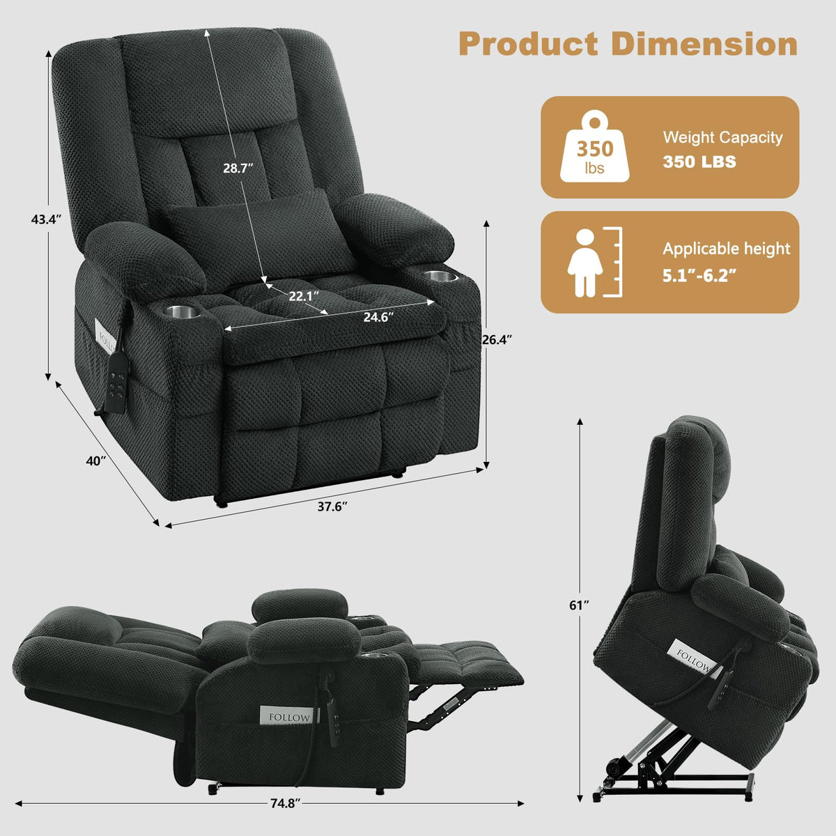 Madaha Electric Power Large Lift Recliner Chair Sofa with Massage and Heat for Elderly, Oversized Lay Flat Dual Motor Infinite Position Recliner Chair, Side Pockets, Cup Holders, USB Ports (Grey) Madaha