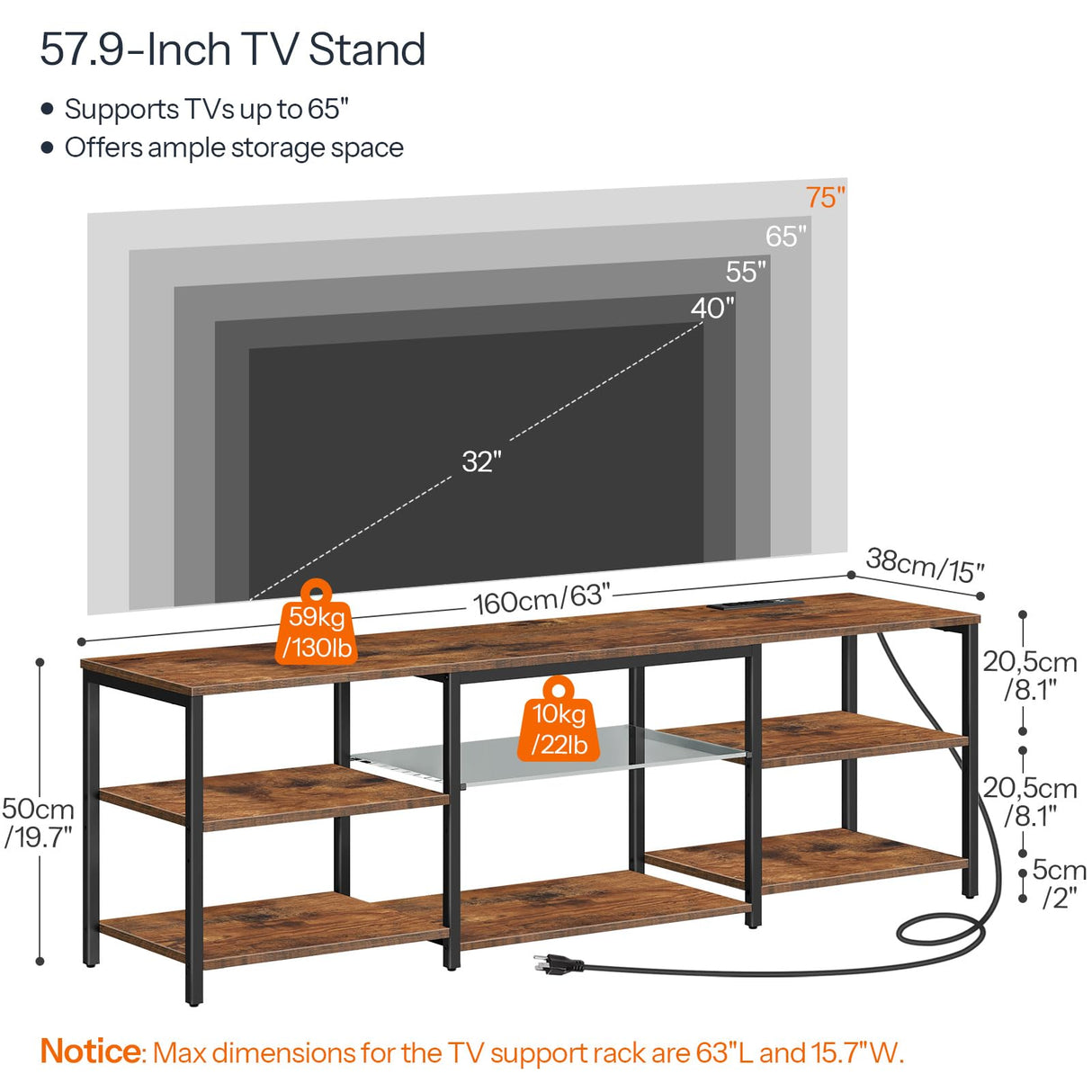 HOOBRO LED TV Stand for 75 Inch TVs with Charging Station, Gaming Entertainment Center with Open Storage, Media TV Console Table, TV Stand for Living Room, Bedroom, Rustic Brown and Black BF21UDDS01 HOOBRO