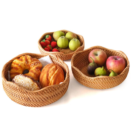 Bread Baskets for Serving, Rattan Bread Baskets for Kitchen Counter, Natural Rattan Tray Wicker Baskets for Organizing Bread Fruit, Decorative Bread Basket for Kitchen Counter Wicker Decor Set of 3 S310