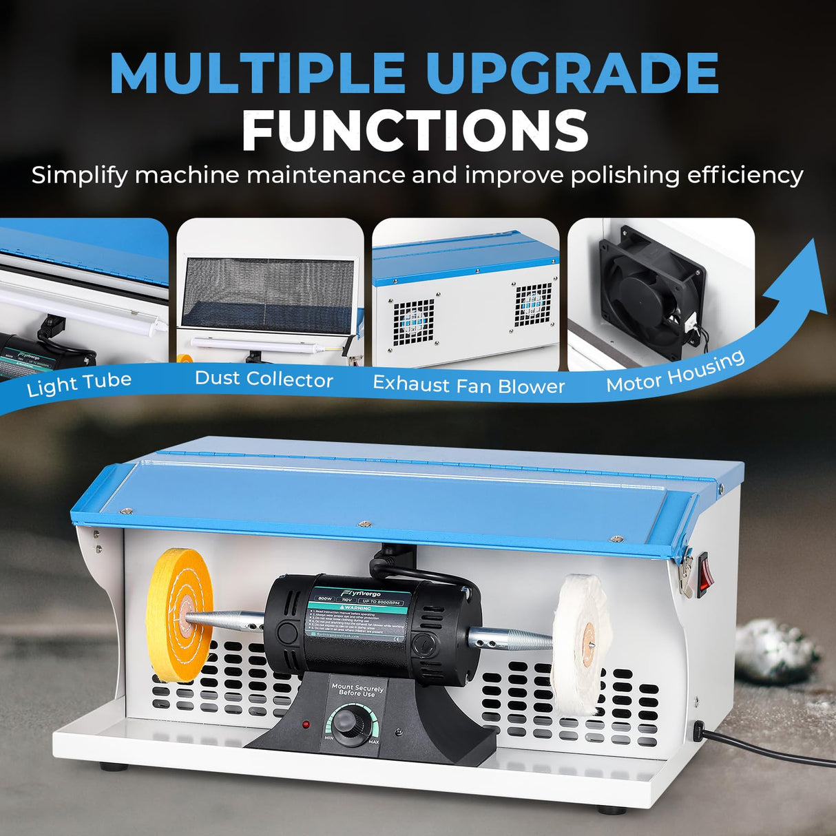 Flyrivergo Jewelry Polishing Machine, Bench Buffer Polisher 800W 110V Adjustable Variable Speed Polishing Machine with Dust Collector, Exhaust Fan Blower, Work Light and Motor Housing for Metal, Wood Flyrivergo