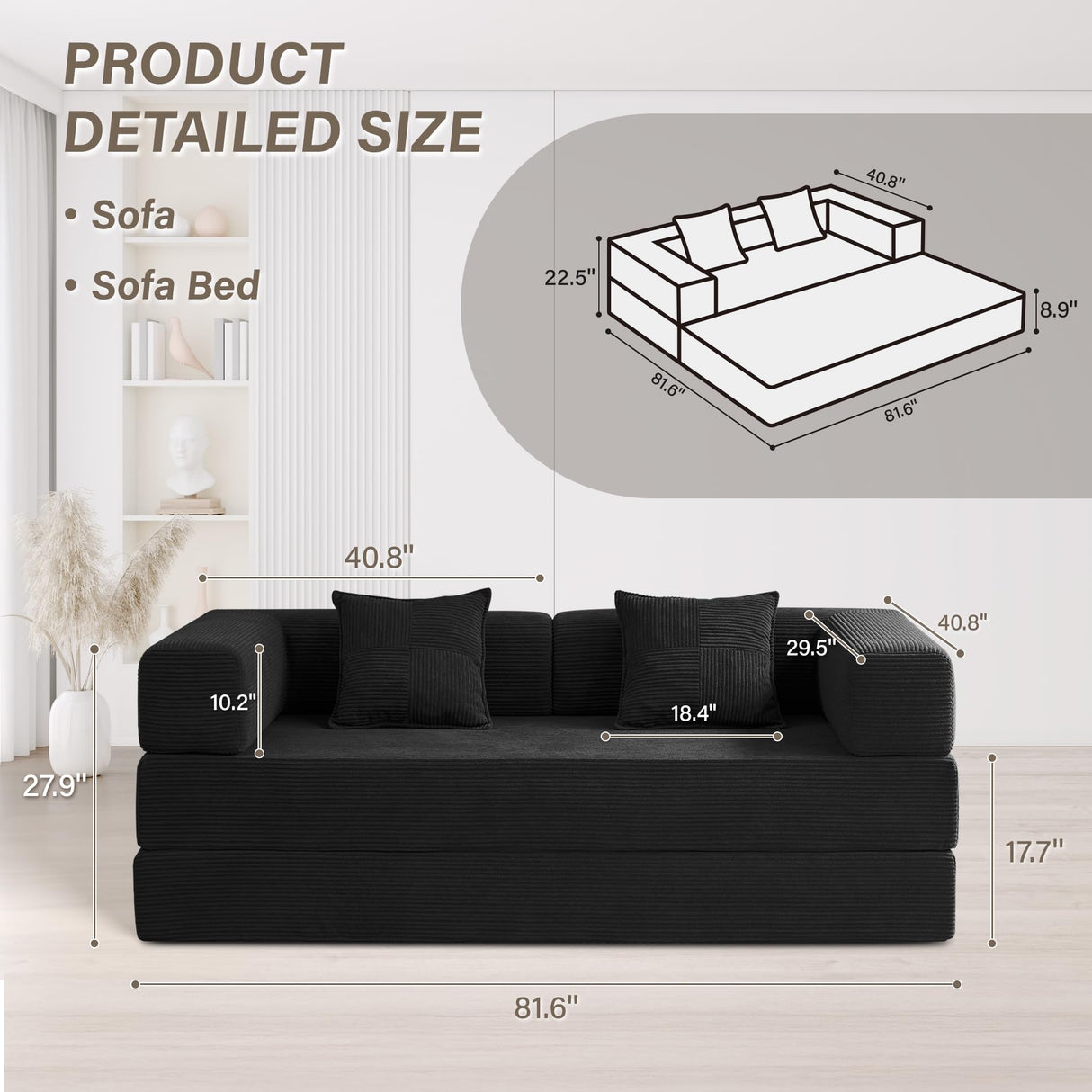 YINIX Foldable Sofa Bed, 81'' Folding Floor Couch, Compressed Convertable Sleeper Sofa, Memory Foam Couch with Pillow Back Support Armrest, 4-in-1 Futon Sofa Bed for Living Room, Black YINIX