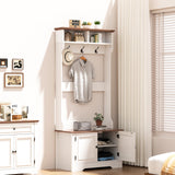 TOOBVEST Hall Tree with Shoe Storage, 5-in-1 Farmhouse Coat Rack with Shoe Bench, Standing Shoe Rack with 3 Hooks for Front Door Entrance Mudroom Entryway Bedroom Hallway Living Room, White and Walnut TOOBVEST