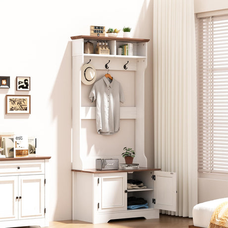 TOOBVEST Hall Tree with Shoe Storage, 5-in-1 Farmhouse Coat Rack with Shoe Bench, Standing Shoe Rack with 3 Hooks for Front Door Entrance Mudroom Entryway Bedroom Hallway Living Room, White and Walnut TOOBVEST