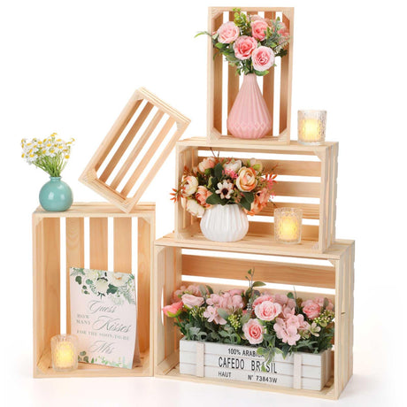 Soaoo 5 Pcs Decorative Nesting Wooden Crates for Storage Display 5 Size Large Small Rustic Wood Decorative Storage Crates with Handle Farmhouse Crate Box Container Made from Pine(Natural Color) Soaoo