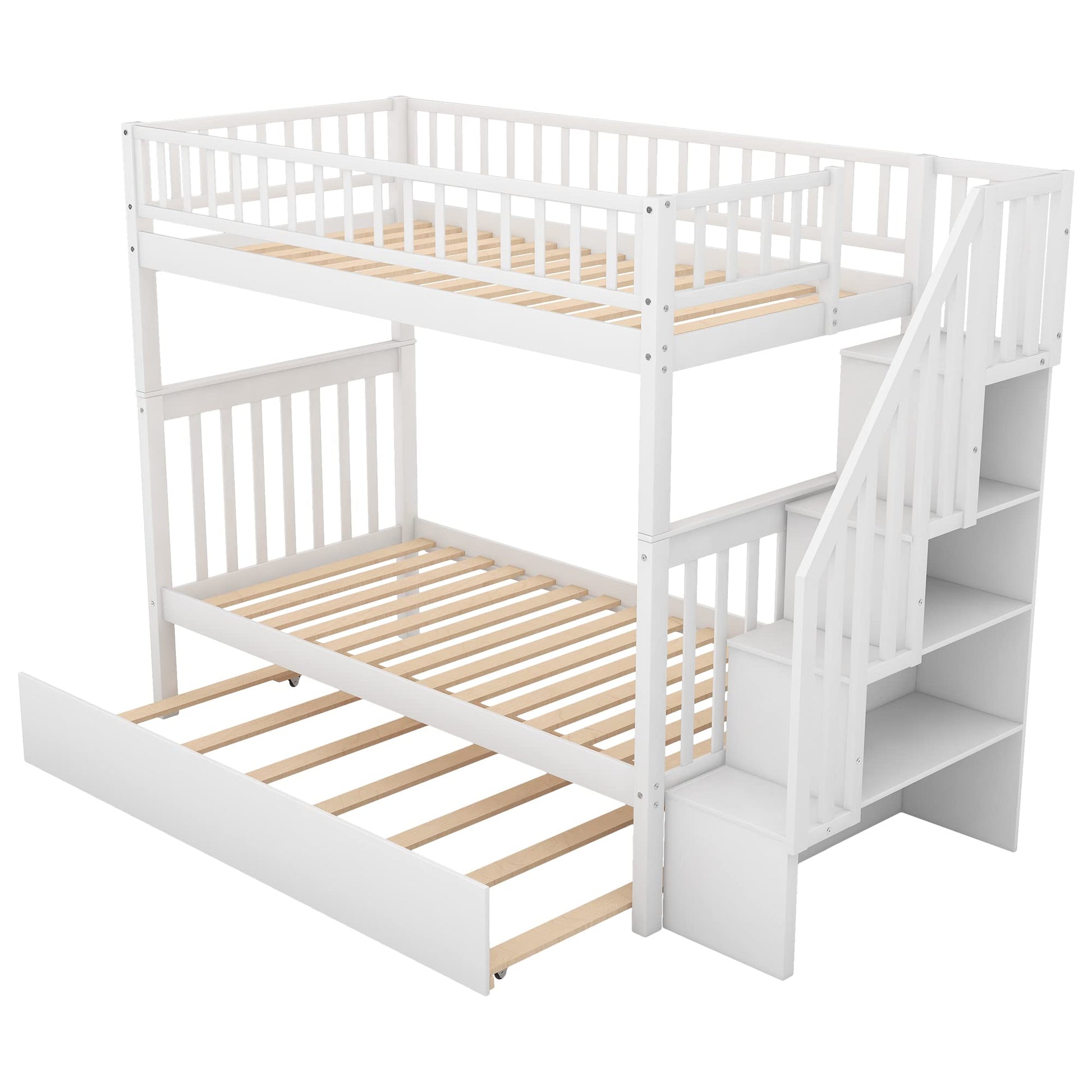 Elegant Twin Over Twin Bunk Bed with Stairs & Trundle - Harper & Bright Designs, White Solid Wood Frame - WoodArtSupply