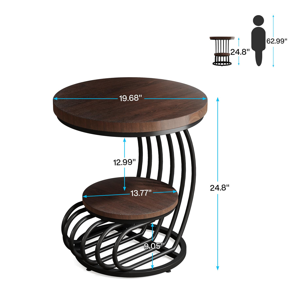 Tribesigns Round End Side Table: Side Table with 2 Tiers Storage Shelves, Vintage End Table for Living Room, Small Bedside Table Accent Table with Arc-Shaped Frame, Rustic Brown Tribesigns