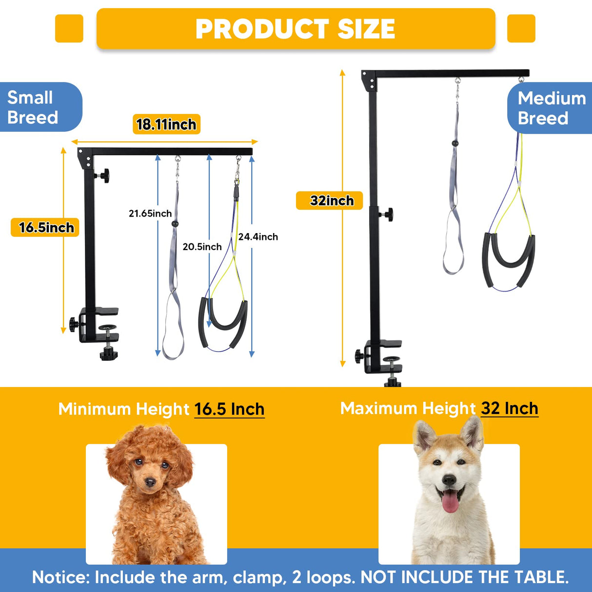 Adjustable Dog Grooming Arms with Anti-Slip Powerful Metal Clamp,Portable Pet Grooming Arm for Table with 1 Loop Noose & Two No Sit Haunch Holder,Grooming Restraint for Small Medium Dogs/Cats at Home Duckygoo