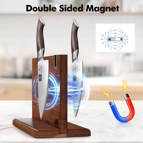 HOSHANHO Magnetic Knife Block 14 x 10 Inches, Double Sided Magnetic Knife Holder Rack for Kitchen Counter, Acacia Wood Magnetic Knife Storage Stand with Knife Sharpener HOSHANHO